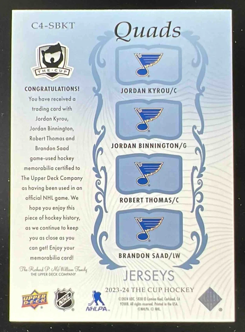 2023 The Cup Quads Jersey Jordan Kyrou Jordan Binnington Robert Thomas Saad /25 - Image 2