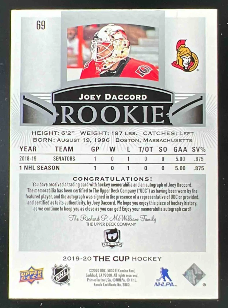 2019 Upper Deck The Cup #69 Joey Daccord Rookie Patch Auto Autograph Auto /249 - Image 2