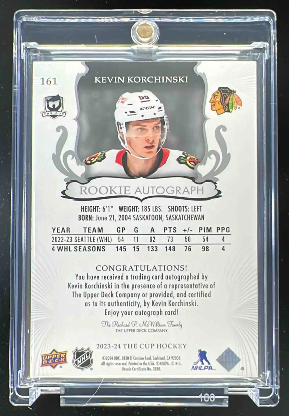 2023-24 The Cup Black Foil #161 Kevin Korchinski Autograph Auto 1/1 - Image 2