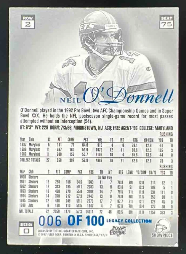 1997 Fleer Flair Showcase Legacy Collection Row 2 #75 Neil O'Donnell /100 - Image 2