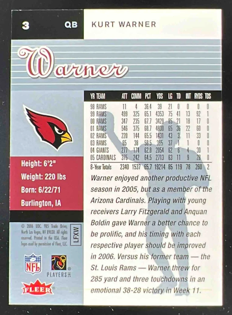2006 Fleer Ultra Platinum Medallion #3 Kurt Warner /99 - Image 2