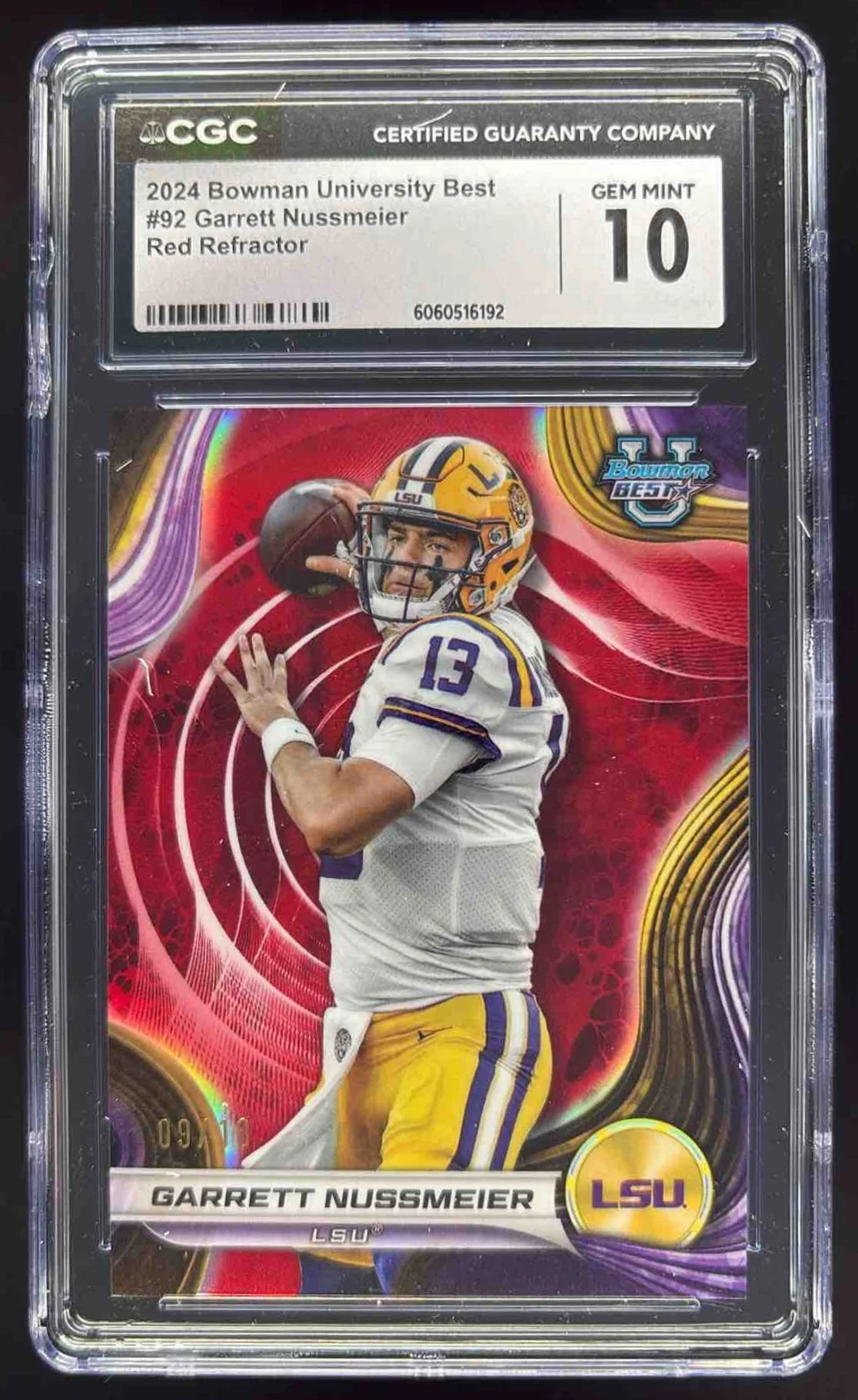 2024 Bowman Best University Red Refractor #92 Garrett Nussmeier /10 CGC 10