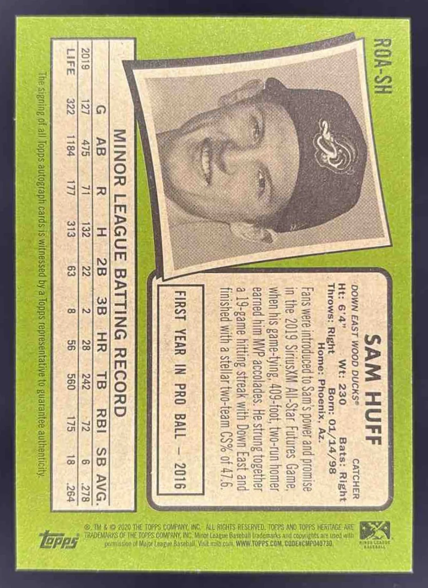 2020 Topps Heritage Minor League Real One White Border #ROA-SH Sam Huff Auto /50 - Image 2
