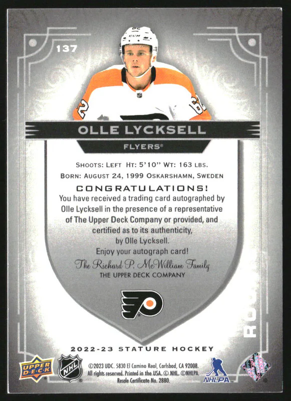 2022-23 Upper Deck Stature Photo Variant Autographs Olle Lycksell RC Auto /49 - Image 2