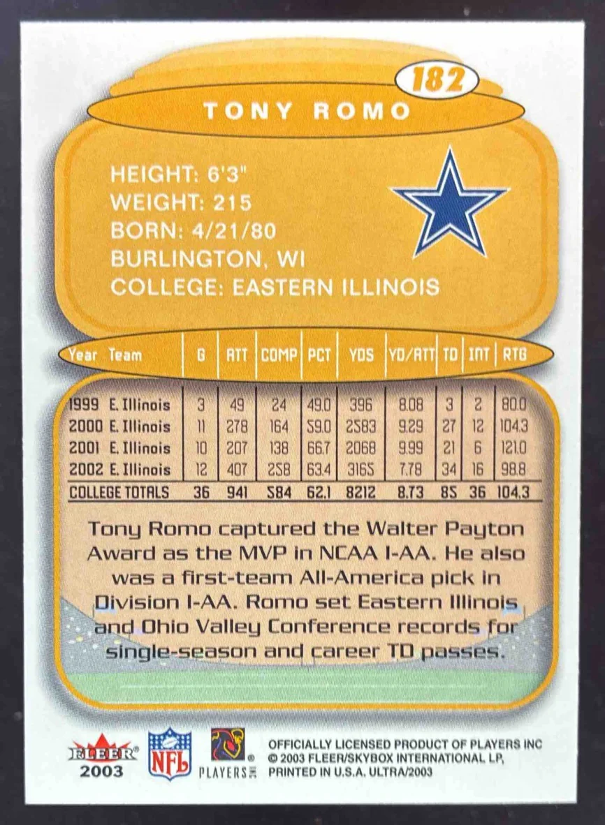 2003 Fleer Ultra #182 Tony Romo RC - Image 2