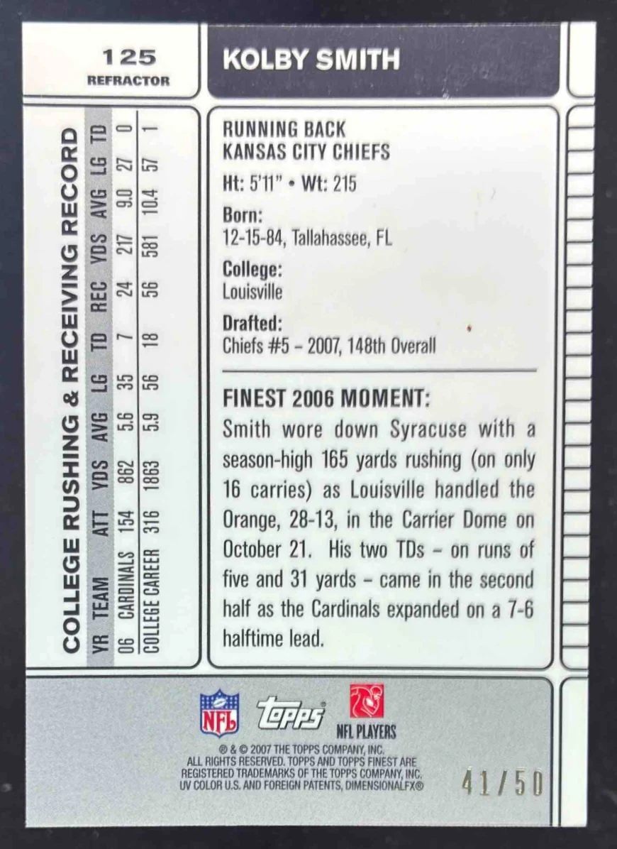 2007 Topps Finest Gold Refractors #125 Kolby Smith RC /50 - Image 2