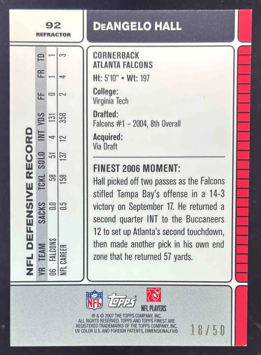 2007 Topps Finest Gold Refractors #92 DeAngelo Hall /50 - Image 2