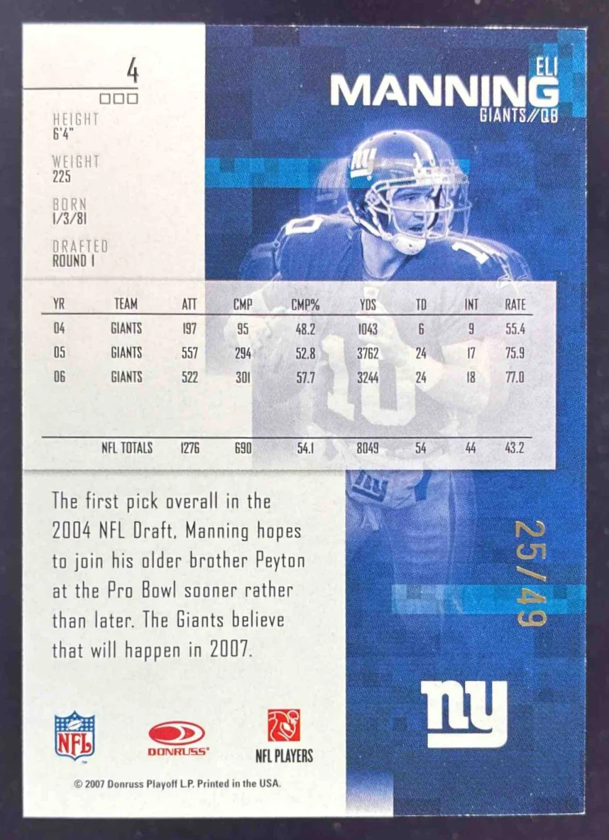 2007 Leaf Rookies & Stars Gold #4 Eli Manning /49 - Image 2