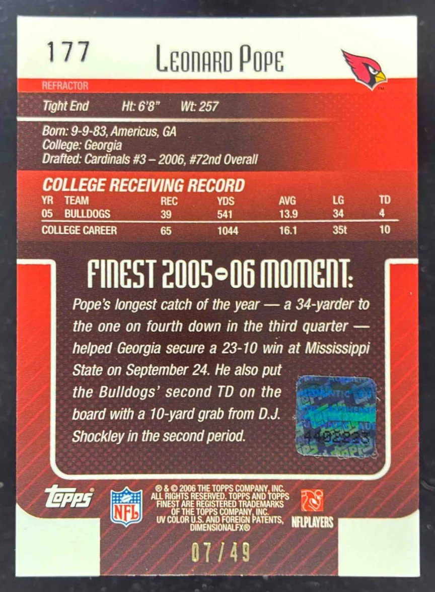 2006 Topps Finest Gold Refractors #177 Leonard Pope Autograph RC Auto /49 - Image 2
