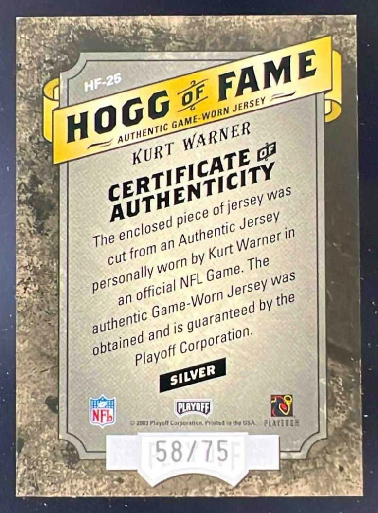2003 Playoff Hogg Heaven Hogg of Fame Materials Silver #HF-25 Kurt Warner /75 - Image 2