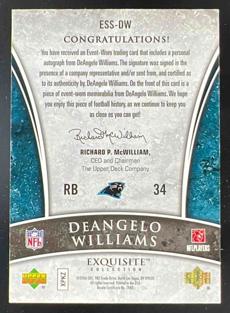 2006 Exquisite Collection Signature Swatches #DW DeAngelo Williams RC Auto /25 - Image 2