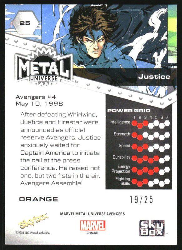 2024 SkyBox Marvel Metal Universe Avengers Orange FX #25 Justice /25 - Image 2