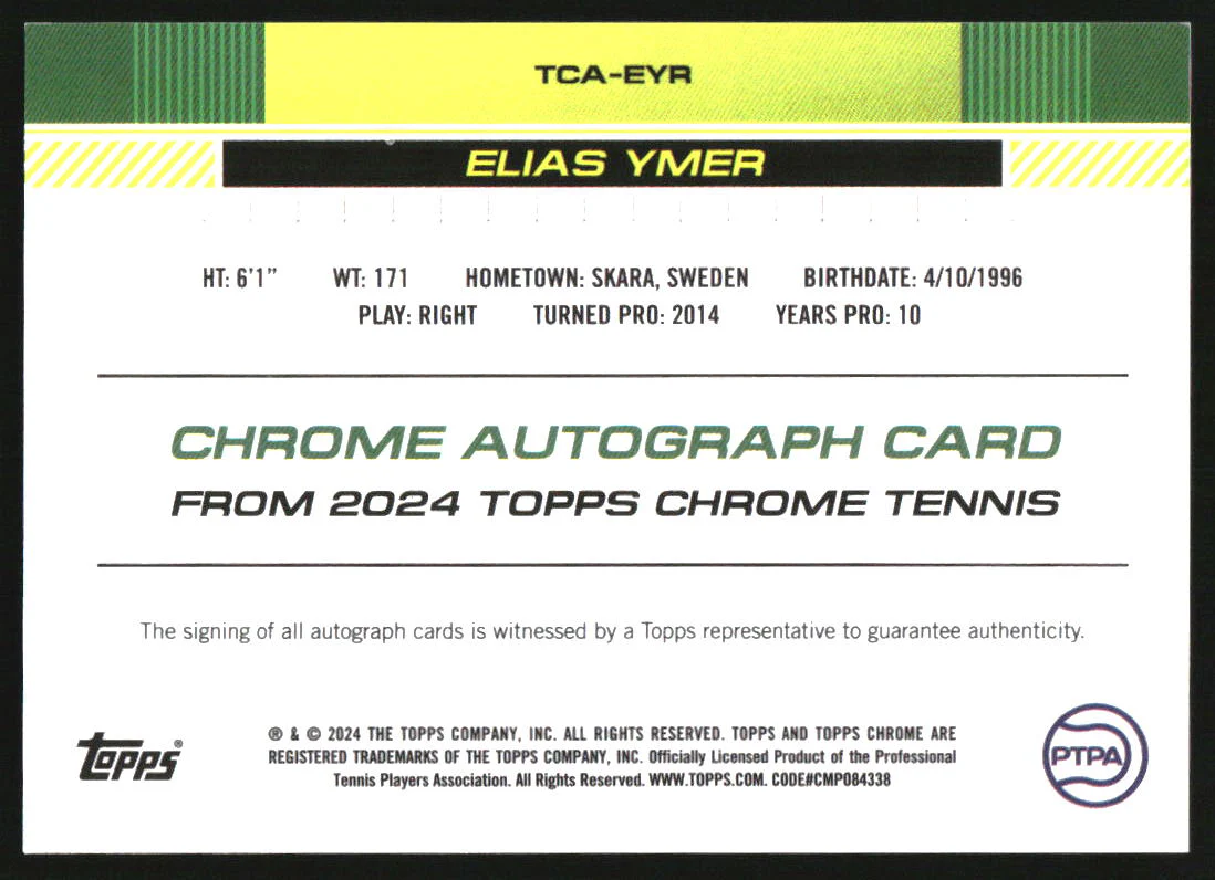 2024 Topps Chrome Tennis Autographs I Green Grass Elias Ymer Auto /99 - Image 2