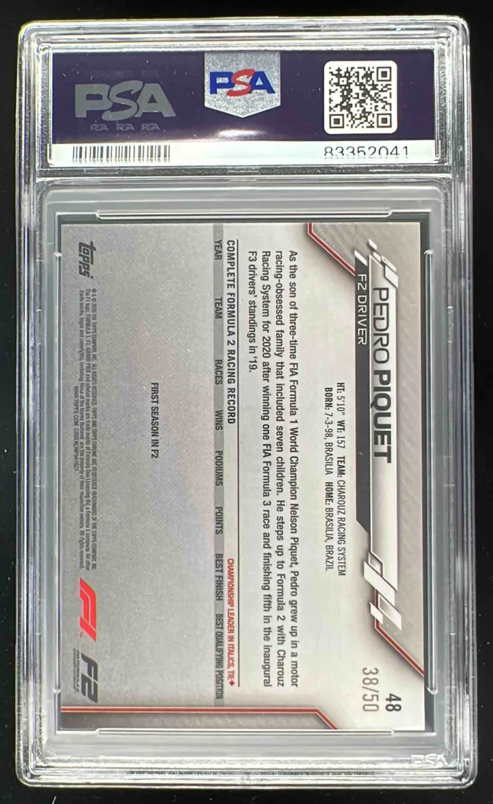 2020 Topps Chrome Sapphire Formula 1 Gold #48 Pedro Piquet /50 PSA 9 - Image 2