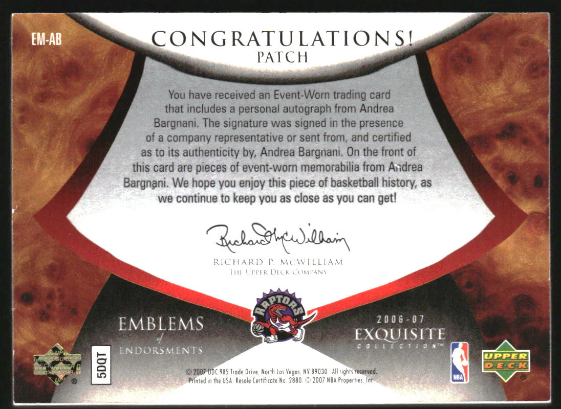 2006-07 Exquisite Collection Emblems of Endorsements Andrea Bargnani Auto /15 - Image 2