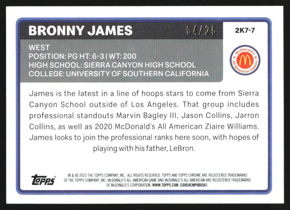 2023 Topps Chrome McDonald's All American '07 Orange Basketball Bronny James /25 - Image 2