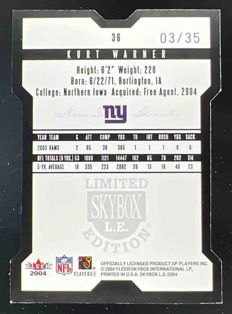2004 Skybox LE Black Border Platinum #36 Kurt Warner /35 - Image 2