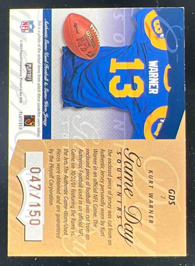 2003 Playoff Honors Game Day Souvenirs Bronze #GDS7 Kurt Warner /150 - Image 2