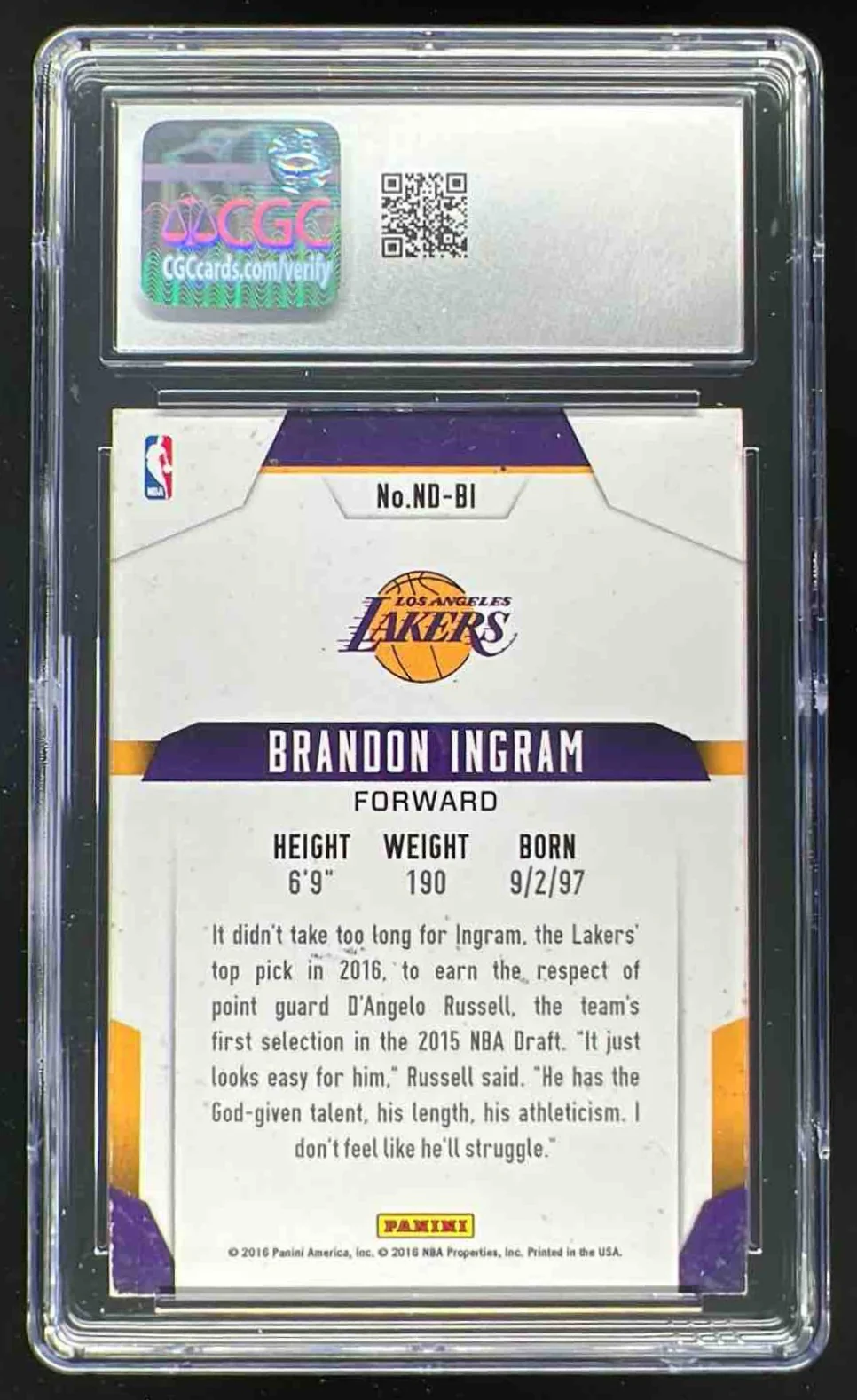 2016-17 Panini Donruss Next Day Autographs #ND-BI Brandon Ingram RC Auto CGC 4 - Image 2