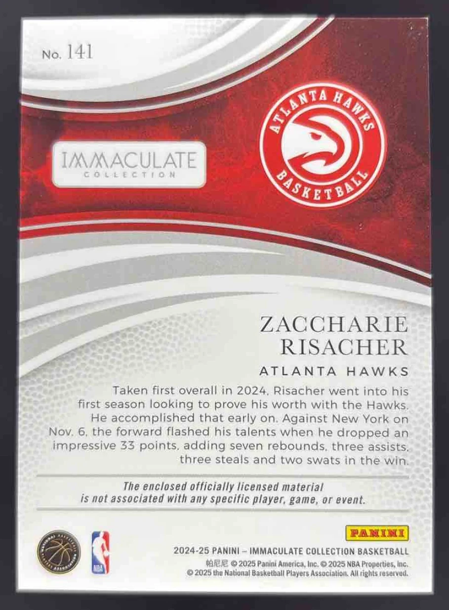2024 Panini Immaculate Collection Rookie Patches #141 Zaccharie Risacher RC /99 - Image 2