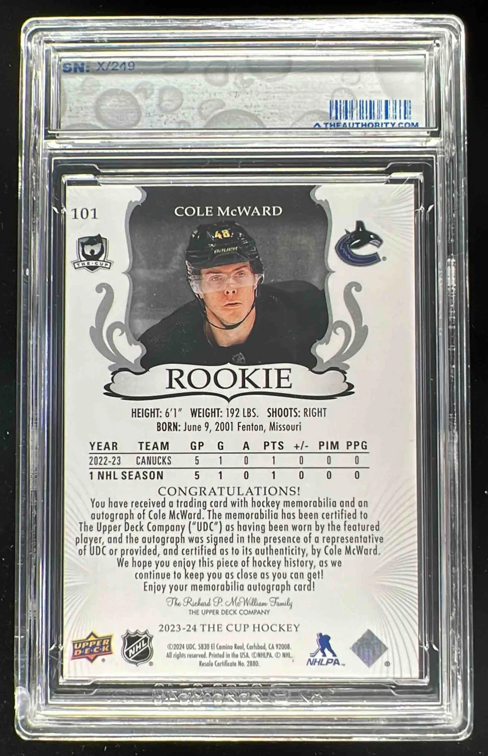 2023-24 The Cup #101 Cole McWard Rookie Patch Auto Autograph Auto /249 - Image 2