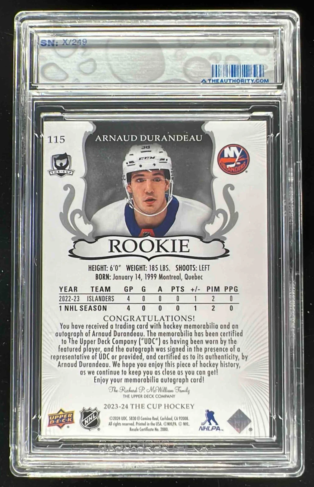2023-24 The Cup #115 Arnaud Durandeau Rookie Patch Auto Autograph Auto /249 - Image 2