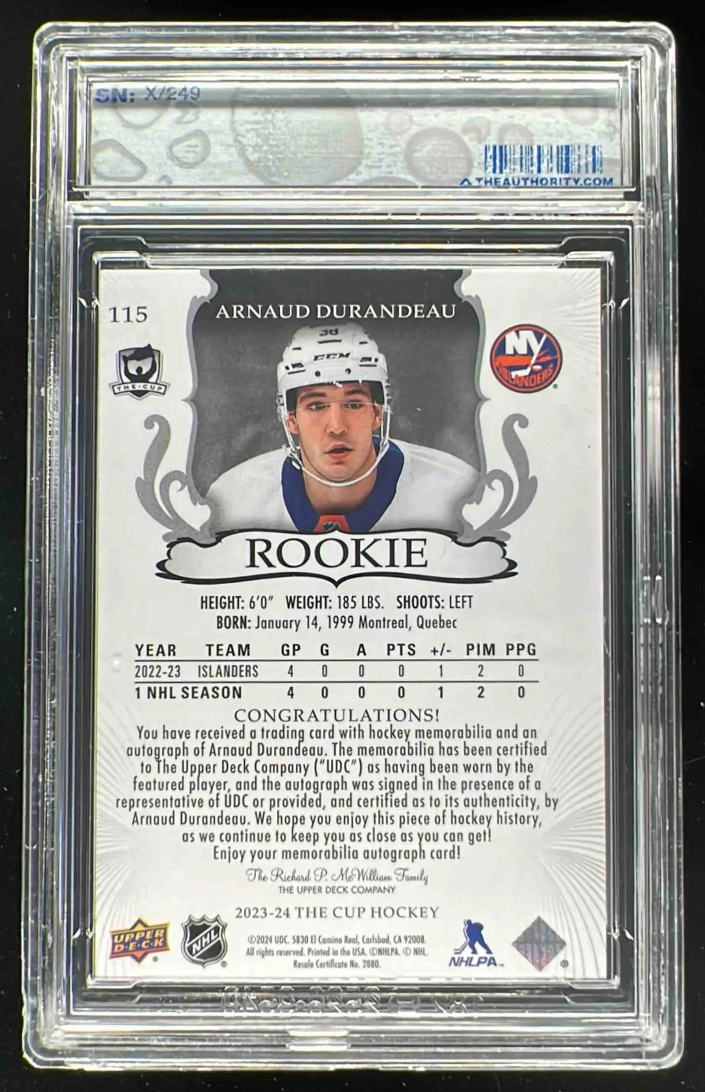 2023-24 The Cup #115 Arnaud Durandeau Rookie Patch Auto Autograph Auto /249 - Image 2