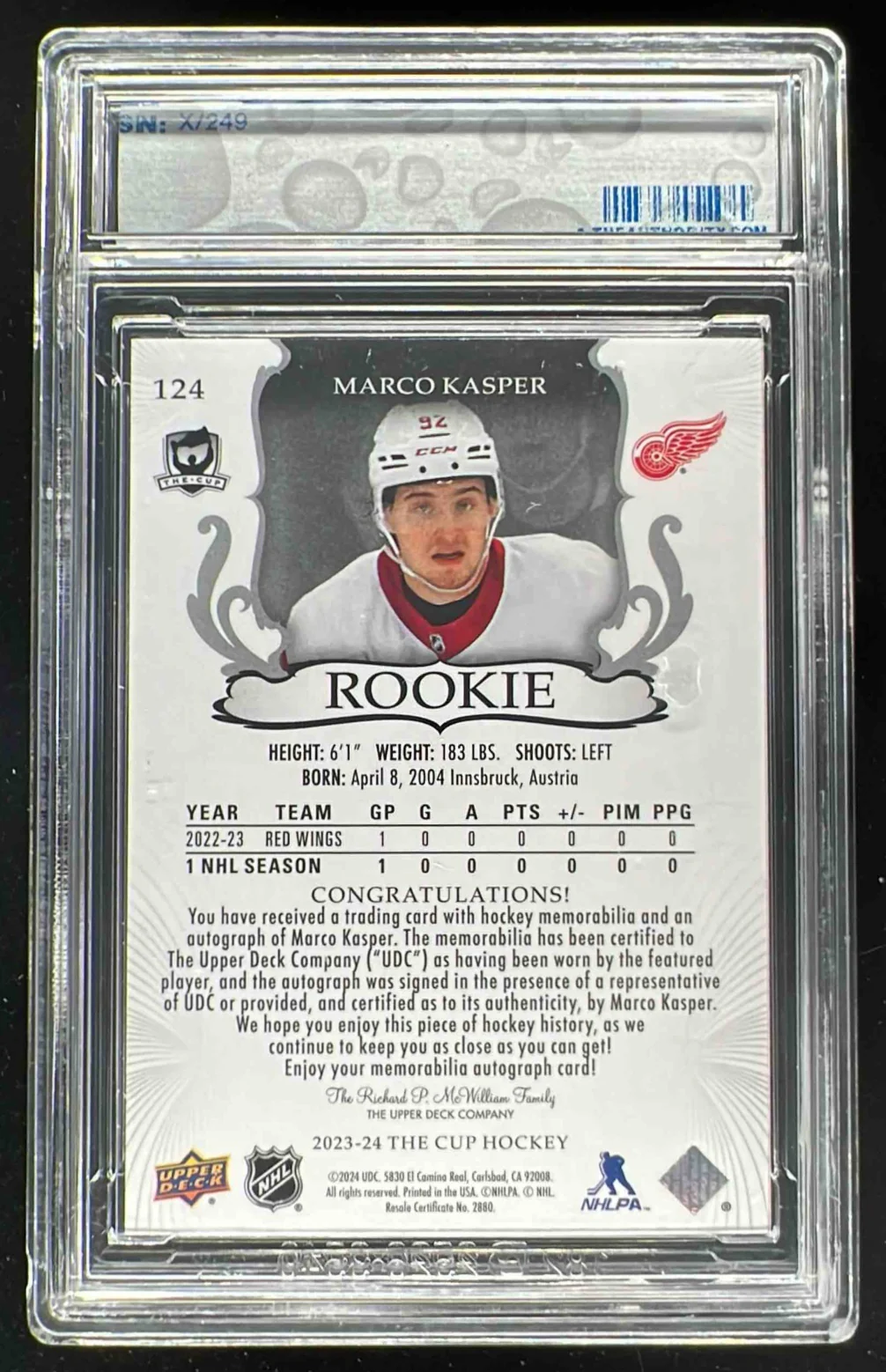 2023-24 The Cup #124 Marco Kasper Rookie Patch Auto Autograph Auto /249 - Image 2