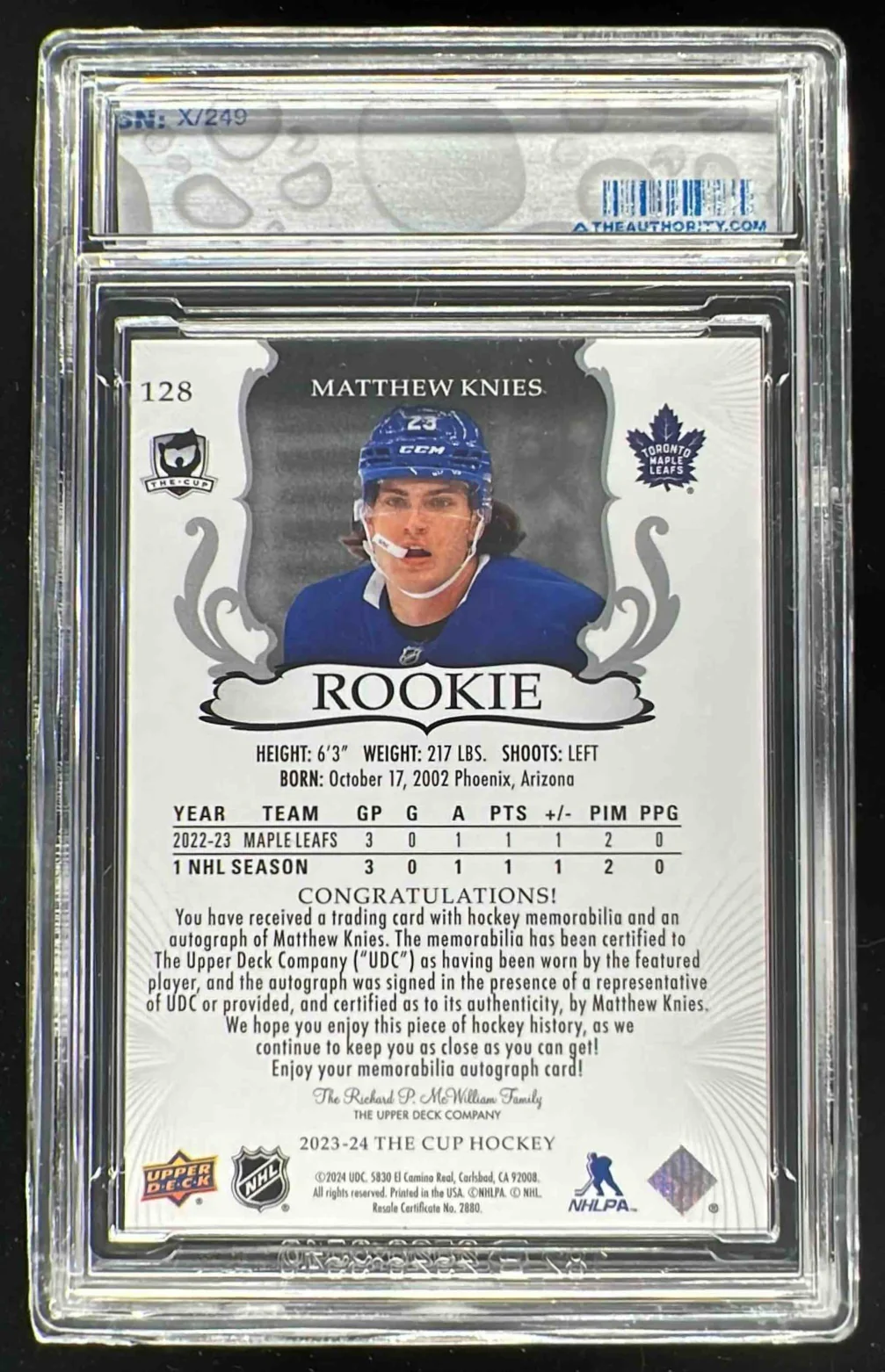 2023-24 The Cup #128 Matthew Knies Rookie Patch Auto Autograph Auto /249 - Image 2