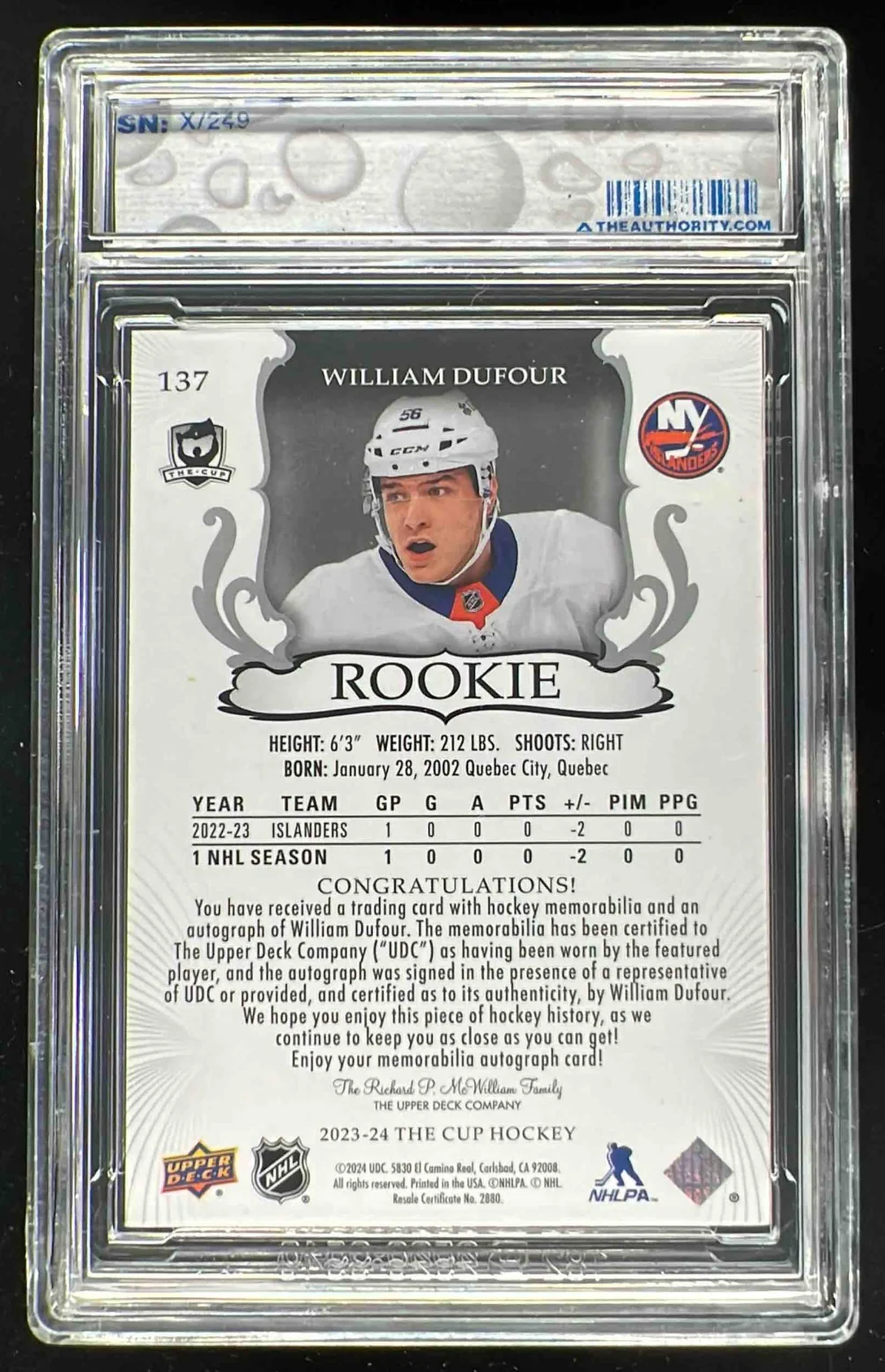 2023-24 The Cup #137 William Dufour Rookie Patch Auto Autograph Auto /249 - Image 2