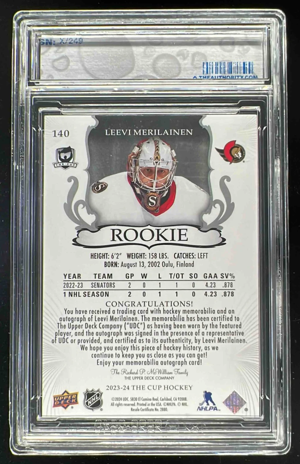 2023-24 The Cup #140 Leevi Merilainen Rookie Patch Auto Autograph Auto /249 - Image 2