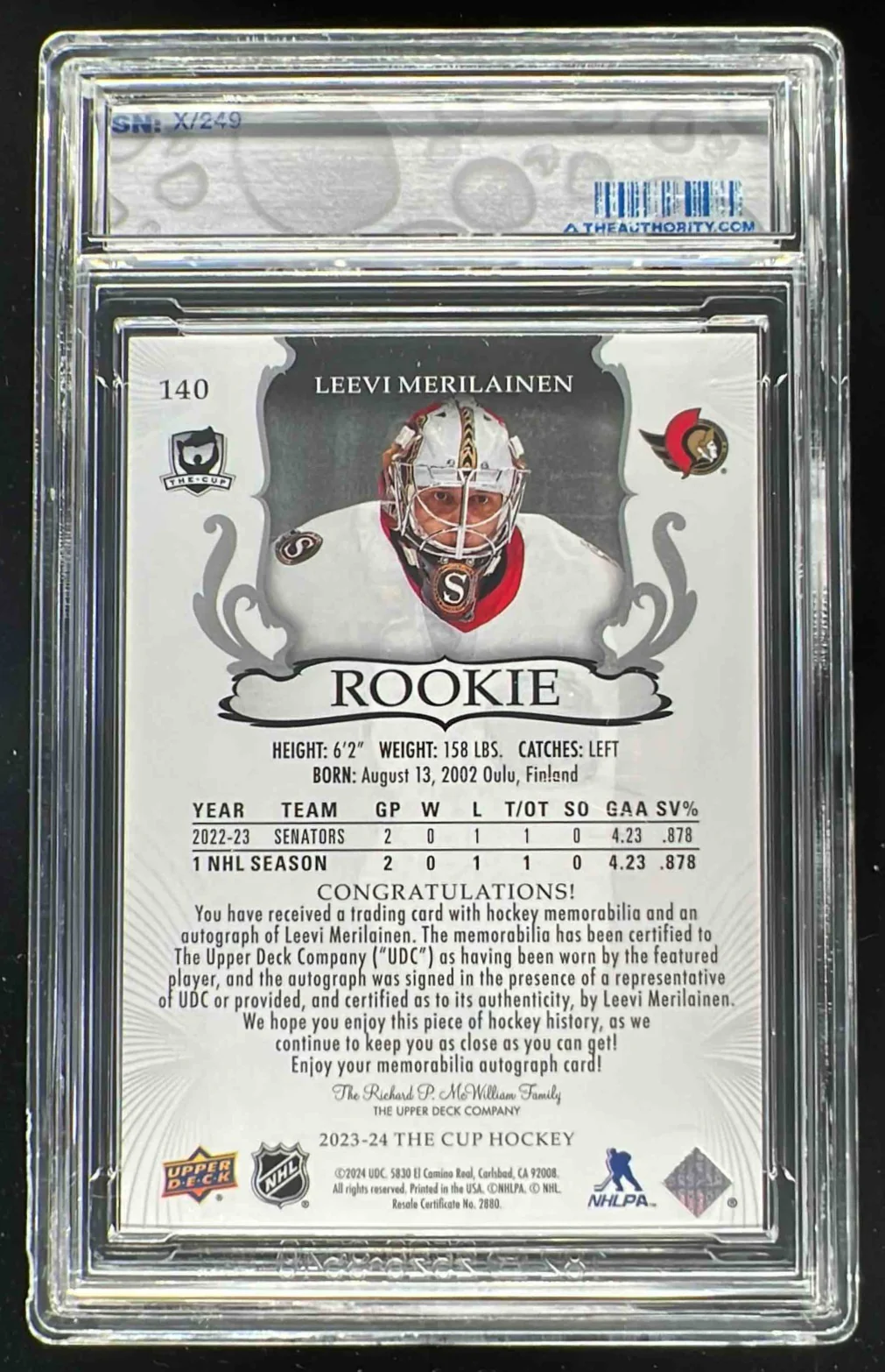 2023-24 The Cup #140 Leevi Merilainen Rookie Patch Auto Autograph Auto /249 - Image 2
