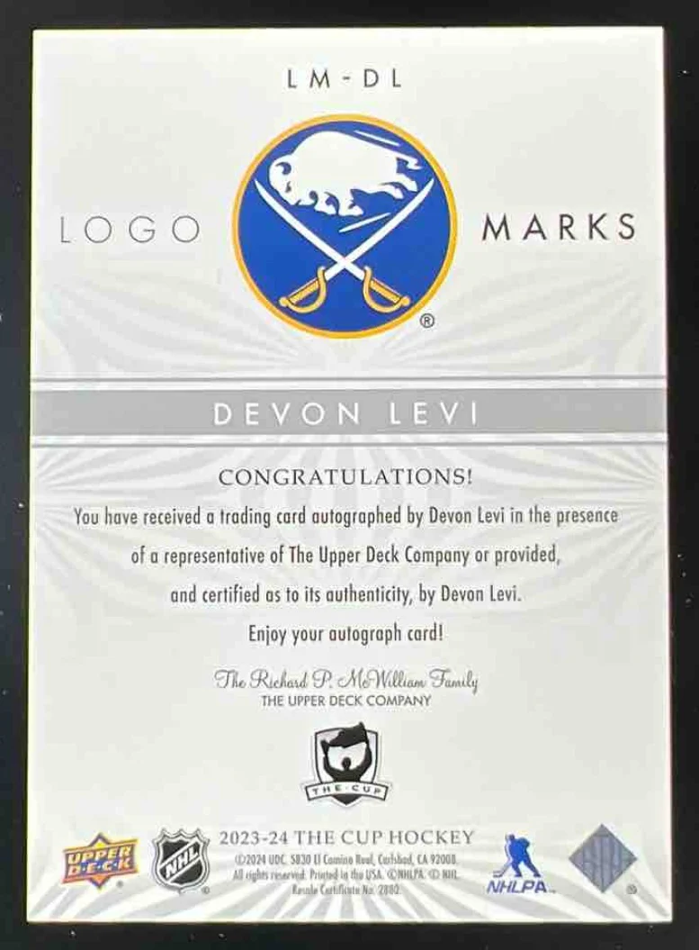 2023-24 The Cup LogoMarks #LM-DL Devon Levi Autograph Auto - Image 2