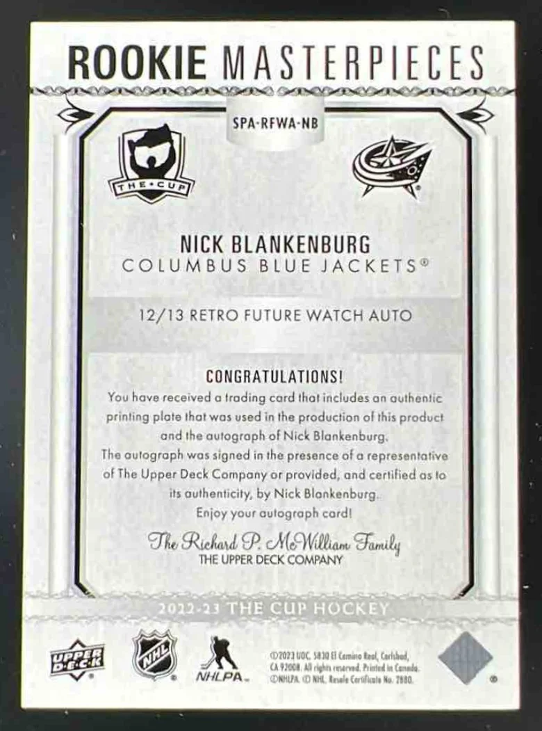 2022 The Cup Rookie Masterpieces Printing Plate Black Nick Blankenburg Auto 1/1 - Image 2