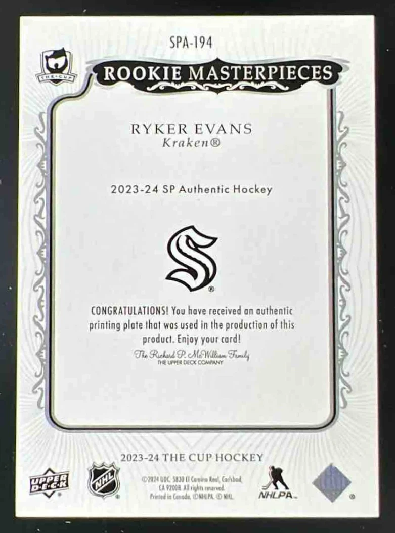 2023-24 The Cup Rookie Masterpieces Printing Plate Yellow Ryker Evans 1/1 - Image 2