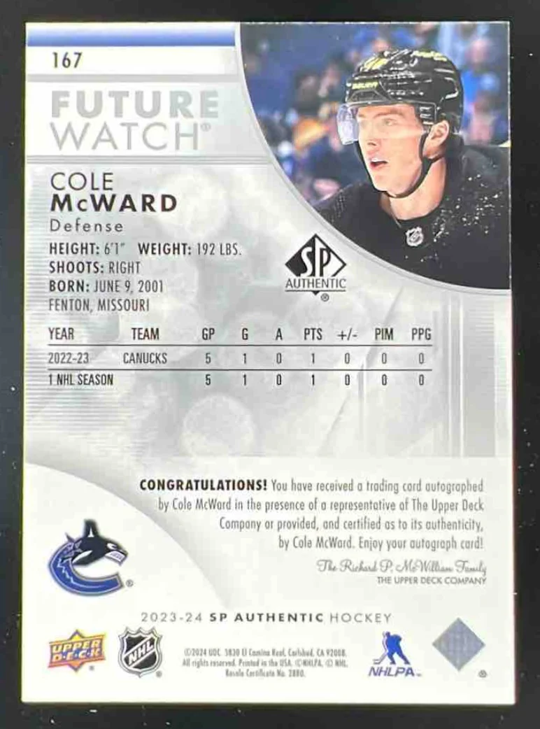 2023-24 SP Authentic #167 Cole McWard Autograph RC Future Watch Auto /999 - Image 2