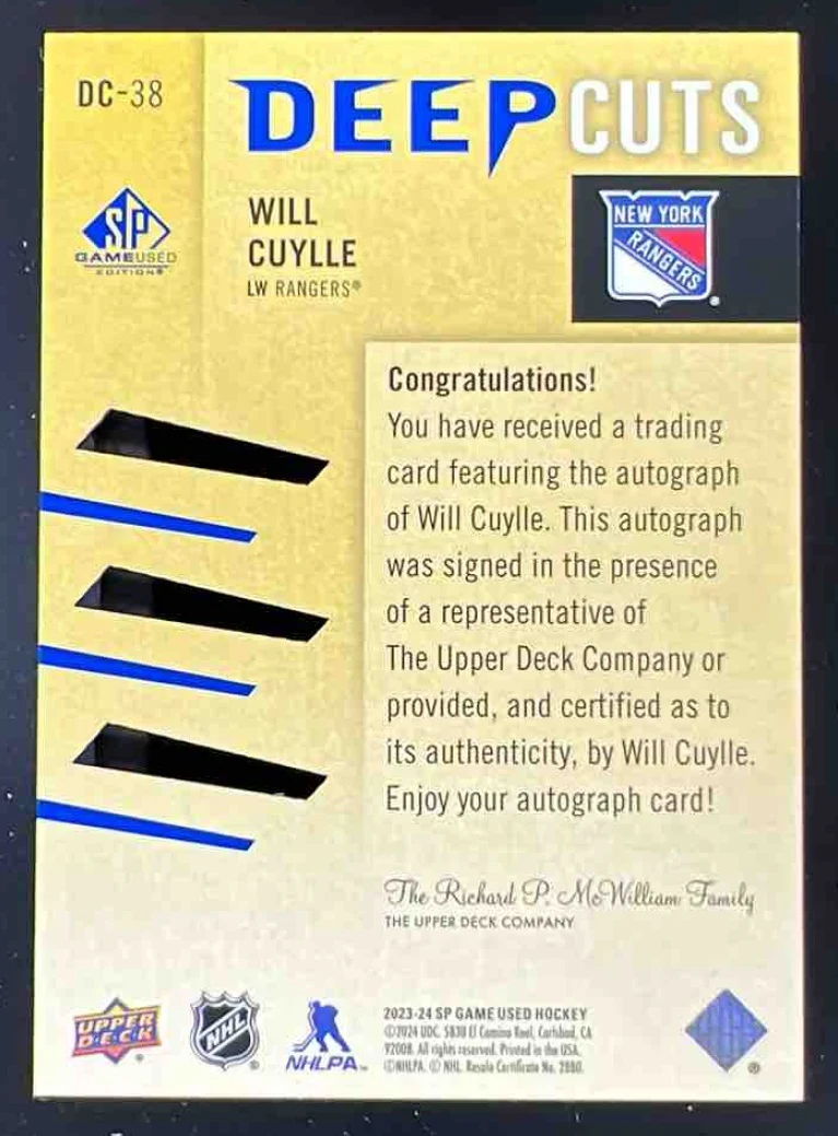 2023-24 SP Game Used Deep Cuts Auto #DC-38 Will Cuylle Autograph RC Auto /75 - Image 2