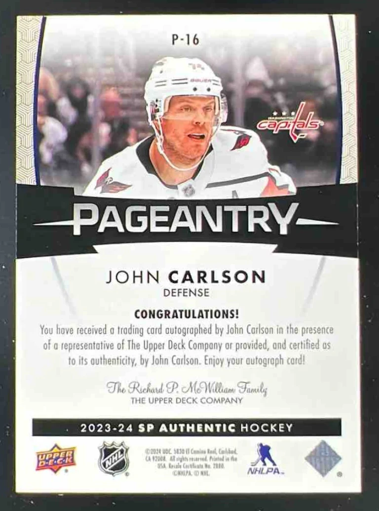 2023-24 SP Authentic Pageantry Autographs #P-16 John Carlson Autograph Auto - Image 2