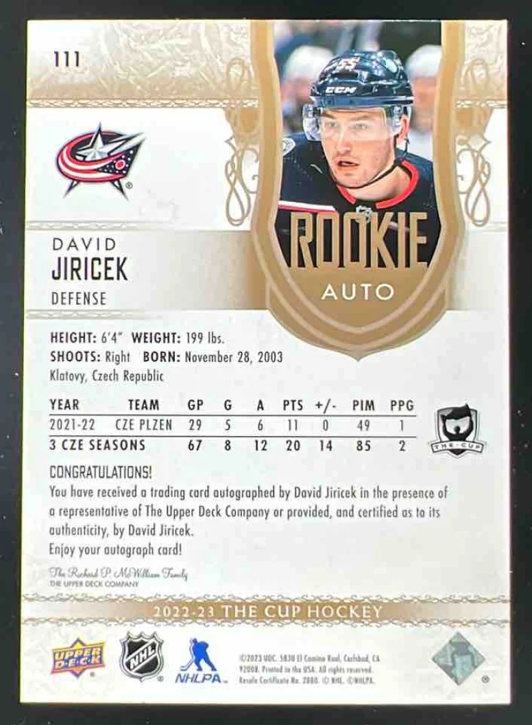 2022-23 Upper Deck The Cup Gold Spectrum Foil #111 David Jiricek RC Auto /36 - Image 2