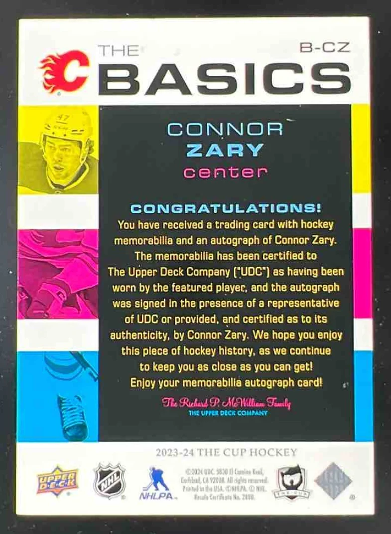 2023-24 The Cup The Basics Auto Patch #B-CZ Connor Zary Autograph Auto /25 - Image 2