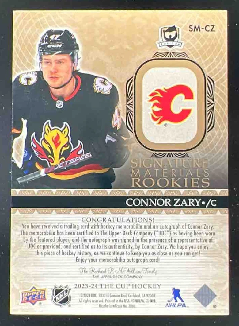 2023-24 The Cup Signature Materials #SM-CZ Connor Zary Autograph Auto /99 - Image 2