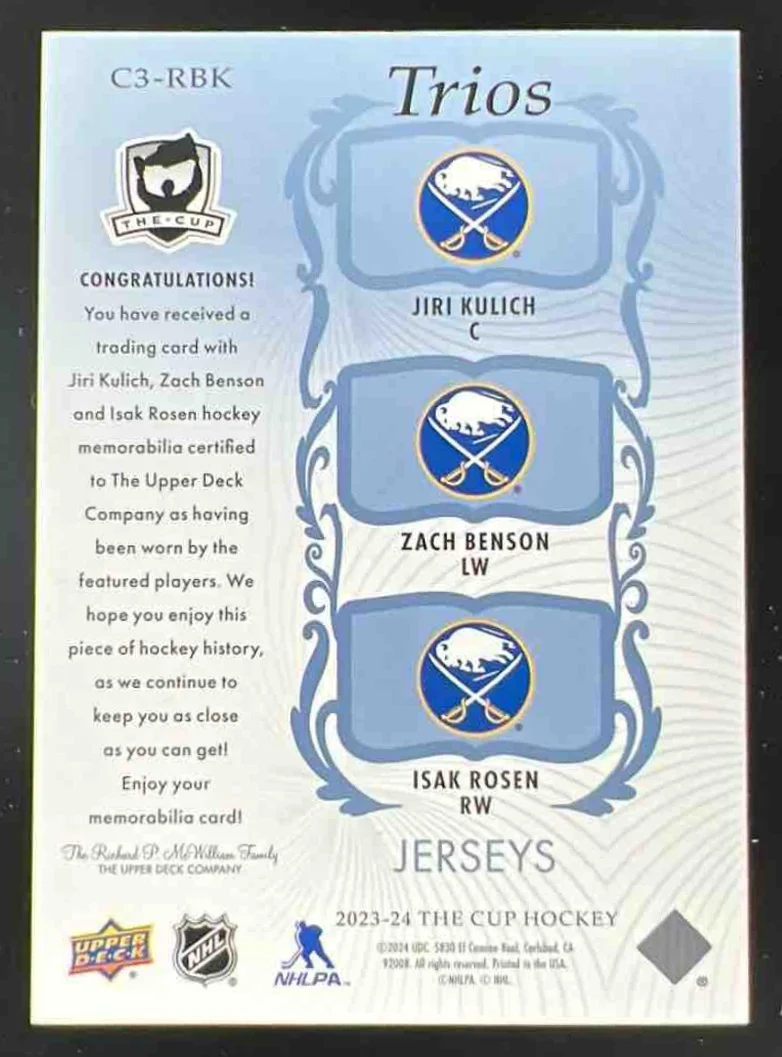 2023-24 The Cup Cup Trios Jersey #C3-RBK Jiri Kulich Zach Benson Isak Rosen /35 - Image 2