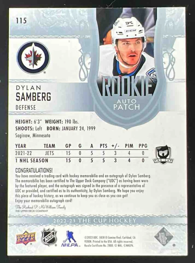 2022-23 Upper Deck The Cup #115 Dylan Samberg Rookie Patch Auto RC Auto /249 - Image 2