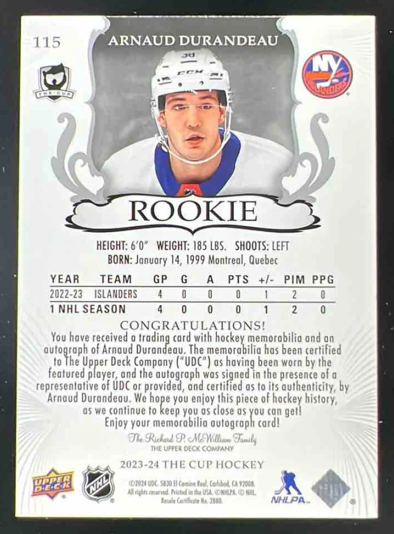 2023-24 The Cup Gold Foil #115 Arnaud Durandeau Autograph RC Auto /24 - Image 2