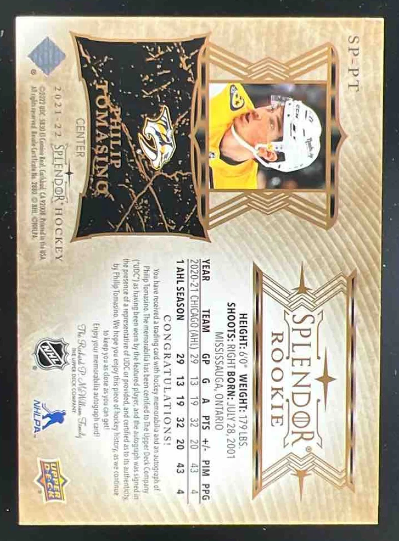 2021-22 Upper Deck Splendor #SP-PT Philip Tomasino Autograph RC Auto /49 - Image 2