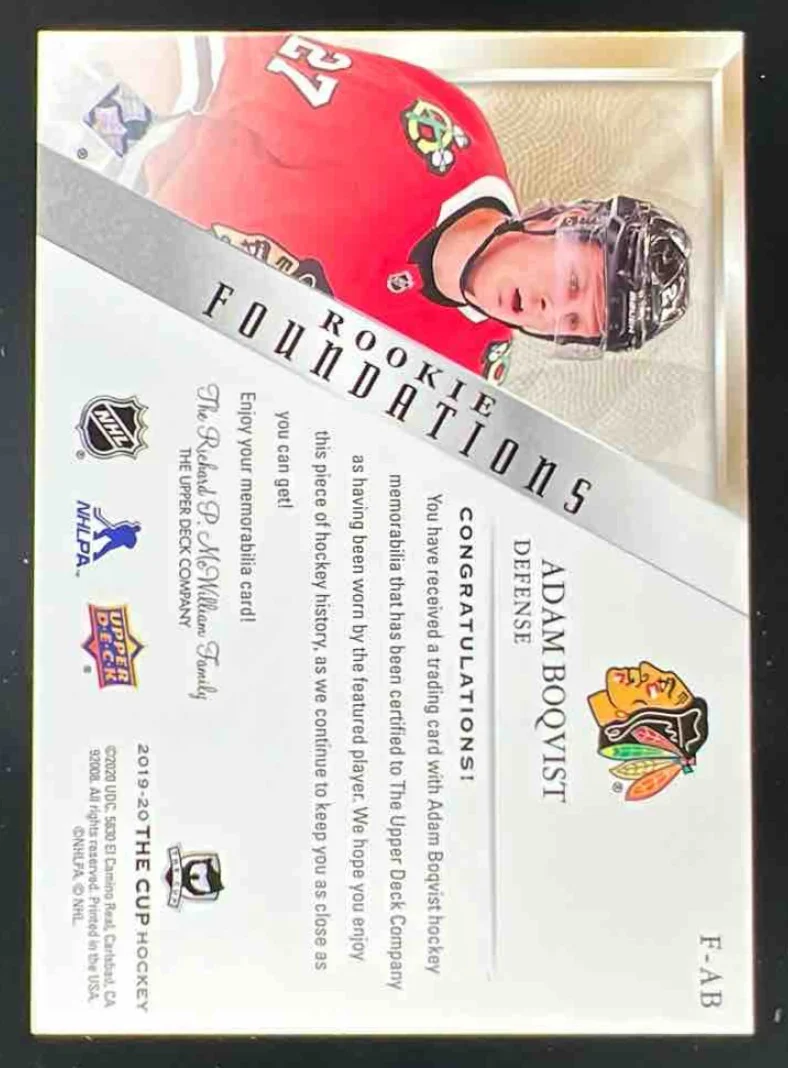 2019-20 Upper Deck The Cup Foundations Rookies Patch #F-AB Adam Boqvist RC /10 - Image 2
