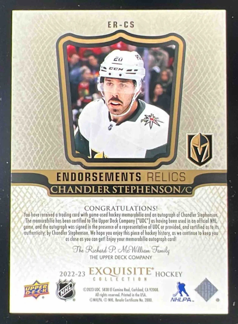 2022 Exquisite Collection Endorsements Relics #ERCS Chandler Stephenson Auto /50 - Image 2