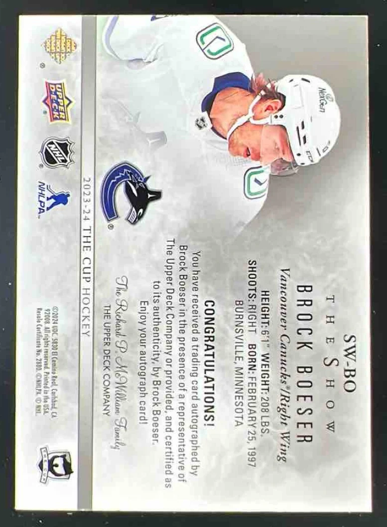 2023-24 The Cup The Show White Auto #SW-BO Brock Boeser Autograph Auto - Image 2