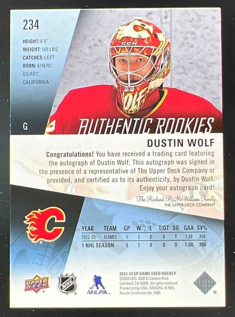 2023-24 Upper Deck SP Game Used Auto #234 Dustin Wolf Autograph RC Auto - Image 2