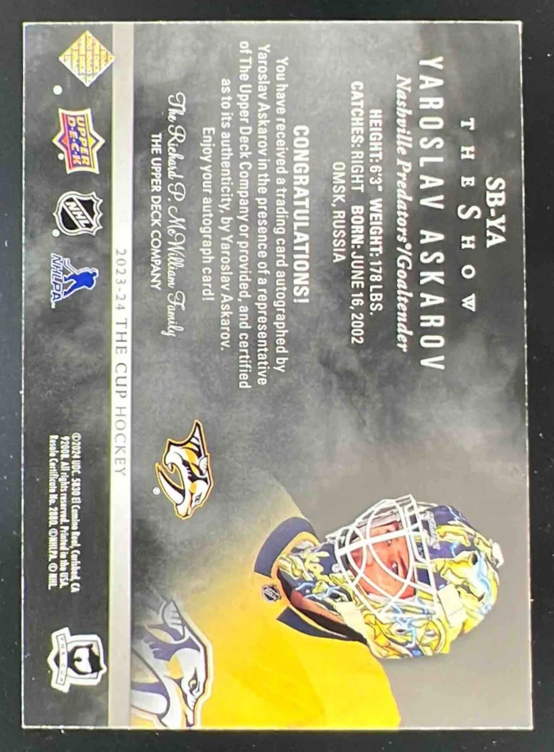 2023-24 The Cup The Show Black Auto #SB-YA Yaroslav Askarov Autograph Auto - Image 2
